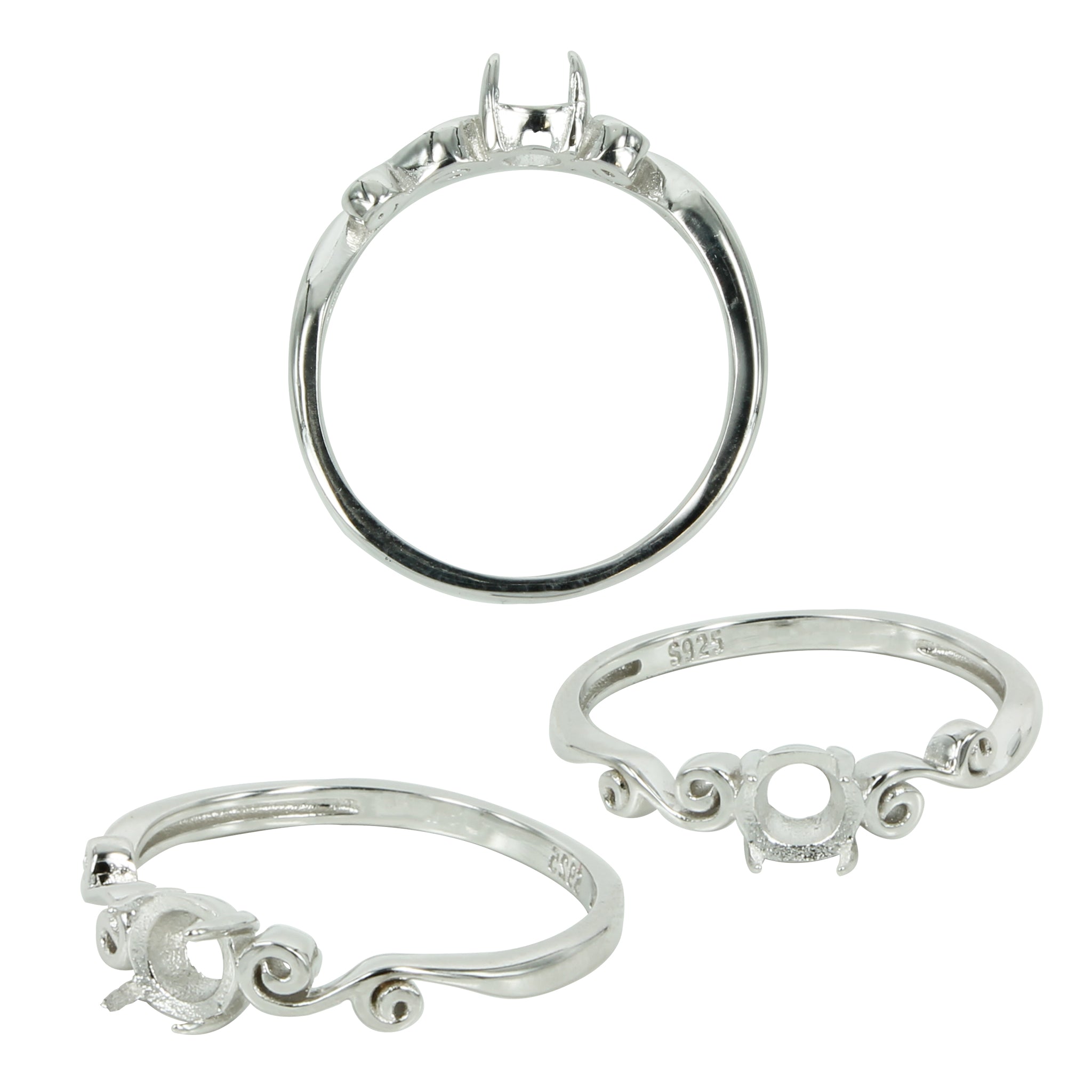 Scrolled Split Shank Ring in Sterling Silver for 5mm Round Stones