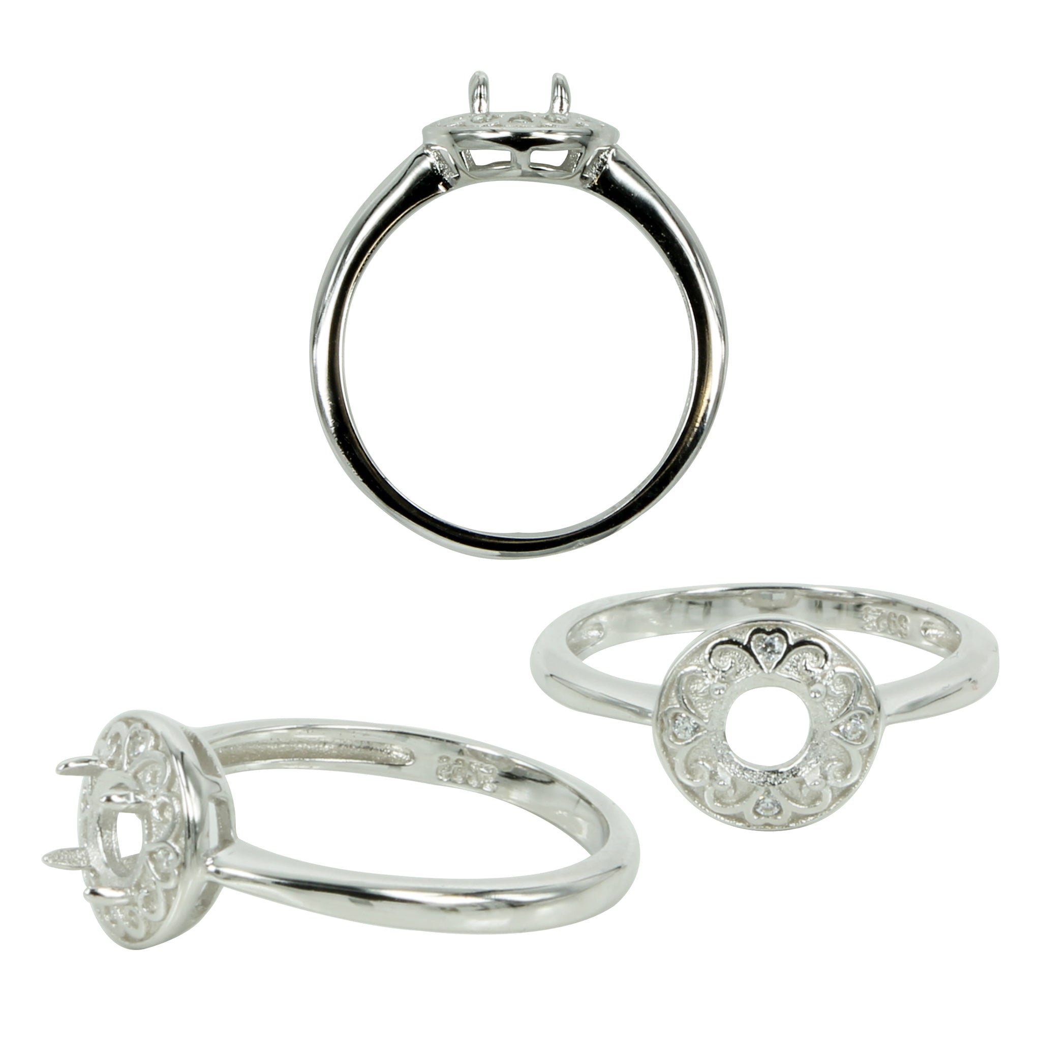 Rococo Halo with CZ's Ring in Sterling Silver for 4mm Round Stones