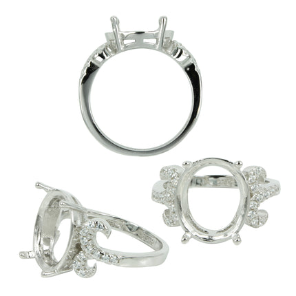 Scrolled CZ Shoulders Ring in Sterling Silver for 12x14mm Oval Stones