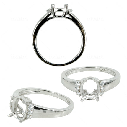 Tapered Band Ring with CZ's in Sterling Silver for 6x7mm Oval stones
