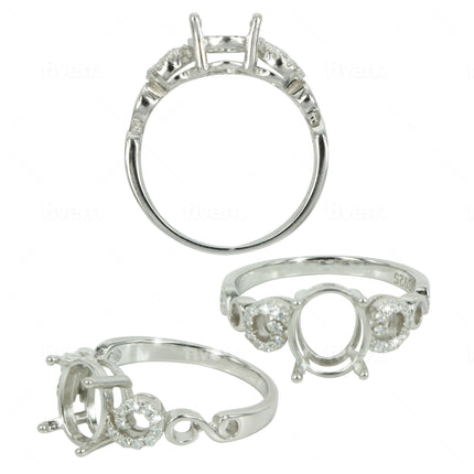 Curlicue Shoulders Ring with CZ's in Sterling Silver for 7x9mm Oval Stones