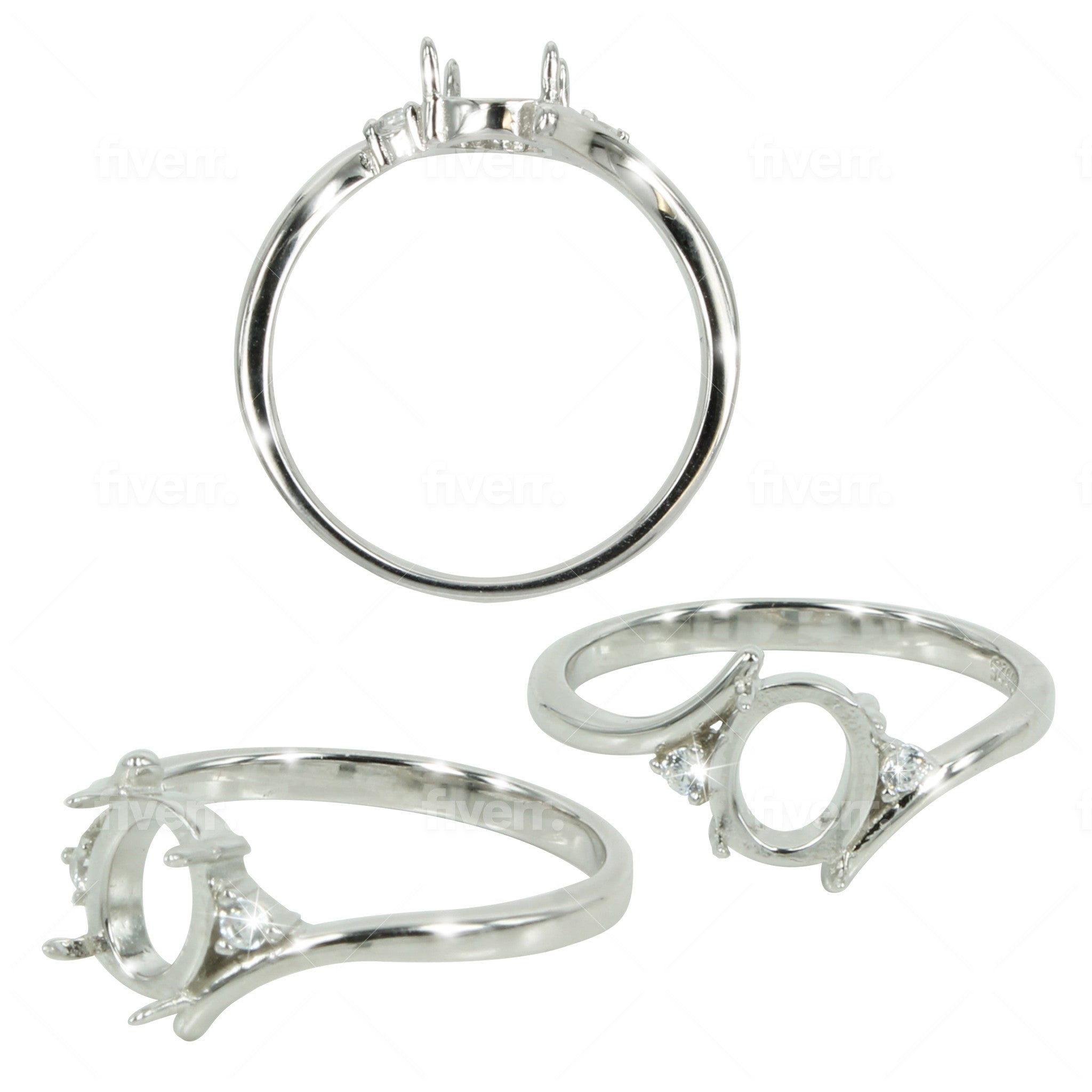 Offset Shank Ring  with CZ's in Sterling Silver for 6x7mm Oval Stones