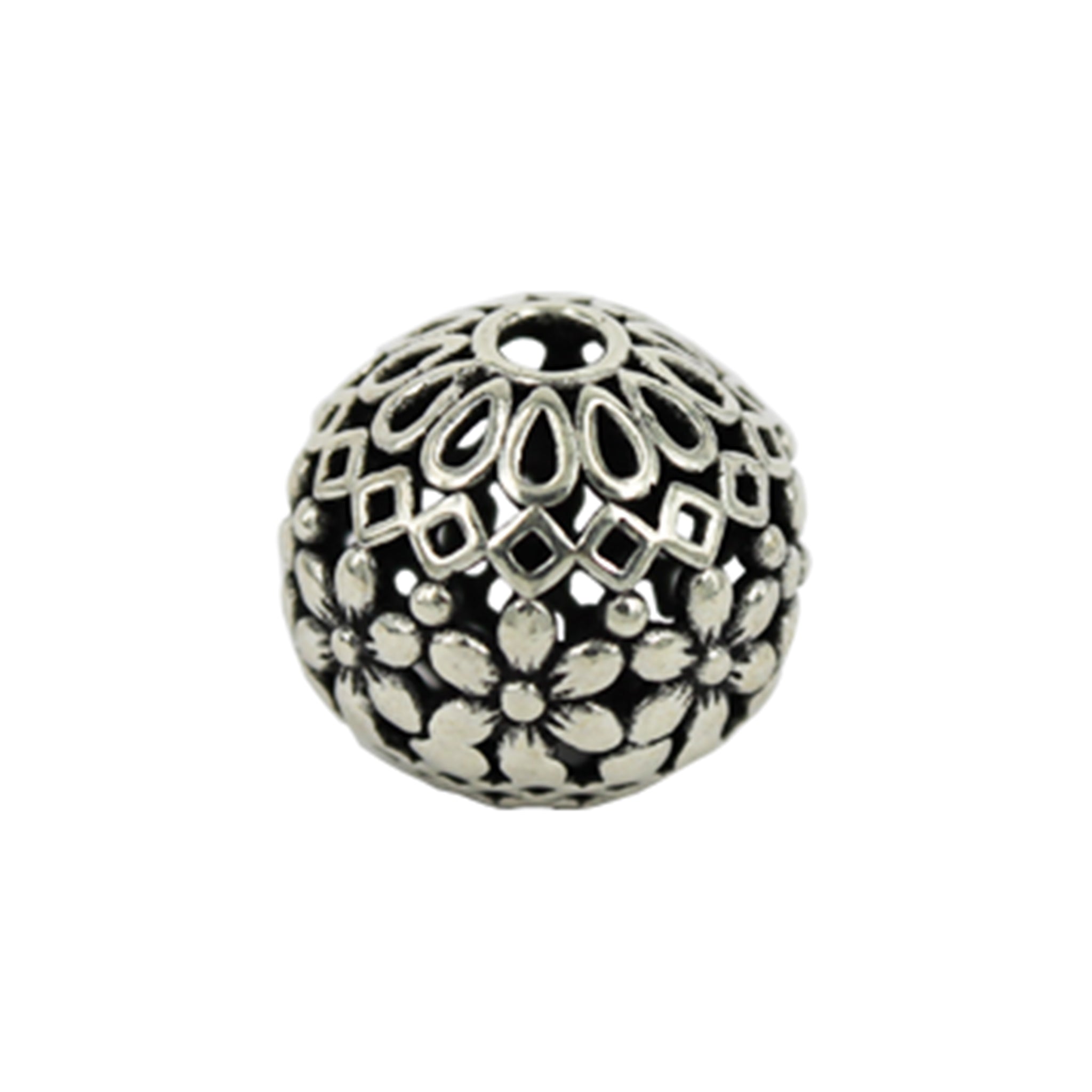 Round Flower Bead in Antique Sterling Silver 14.8mm