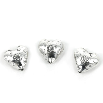 Flowered Heart Beads in Sterling Silver 11x10x5mm