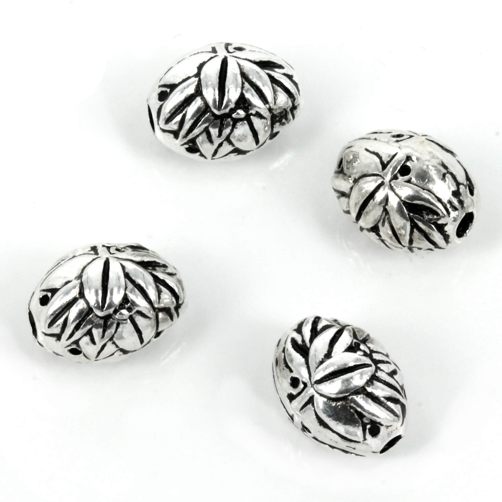 Oval Hollow Bead with Leaves Pattern in Sterling Silver 10x4mm