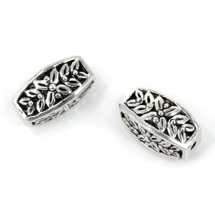 Oval Hollow Tube Bead with Leaves Pattern in Sterling Silver 14x8mm