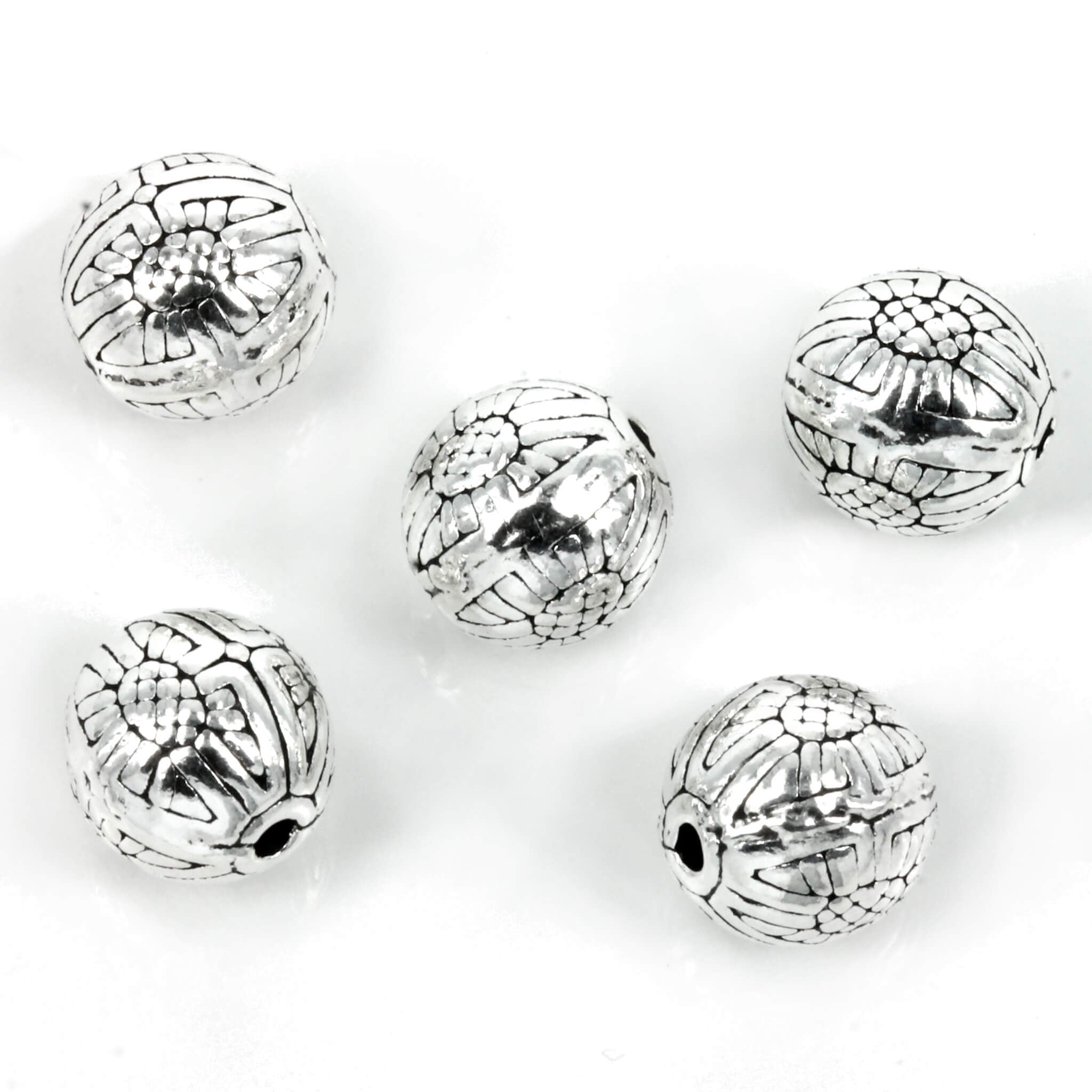 Round Flower Patterned Bead in Sterling Silver 9x9mm