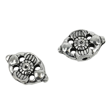 Pierced Flat Oval Bead with Flower Motif in Sterling Silver 14x22x6mm