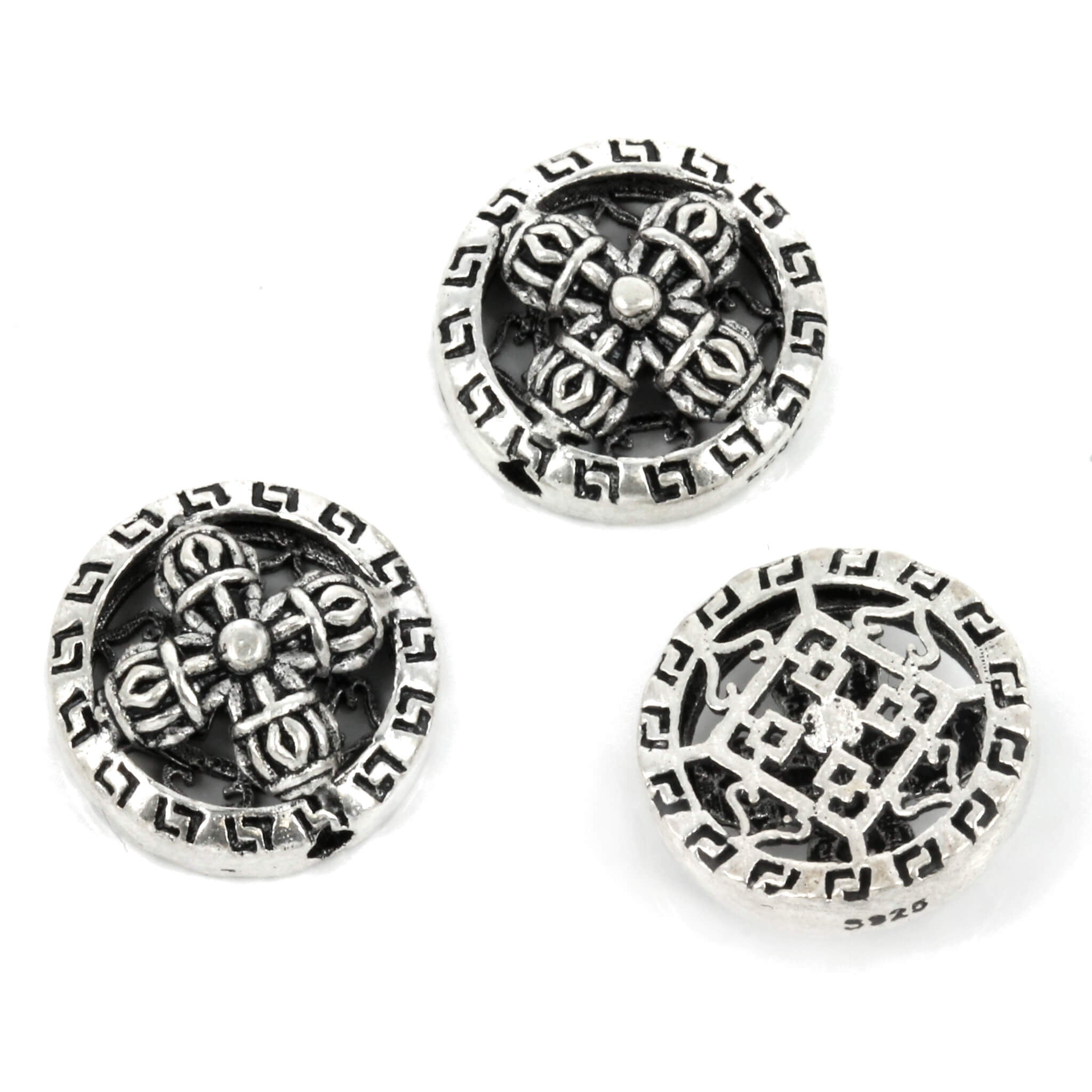 Hollow Disc Bead with Intricate Cross Pattern in Sterling Silver 14x5mm