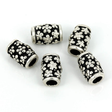 Floral Patterned Tube Bead in Sterling Silver 5x8mm